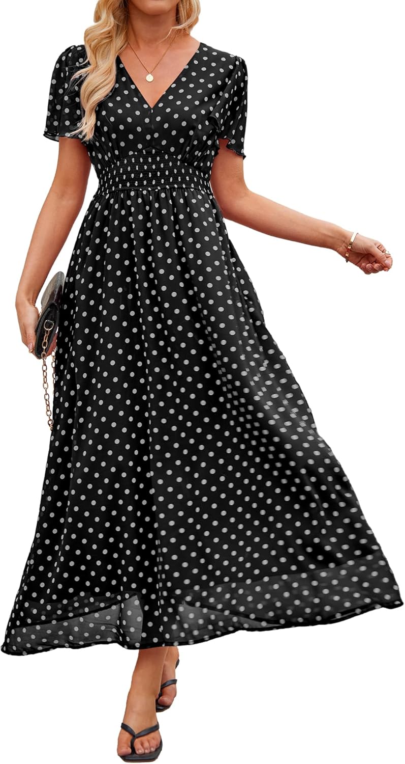 Polka Dot Dress for Women 2026 Summer V Neck Empire Waist Chiffon Maxi Long Dresses with Pockets Wedding Guest Party Beach