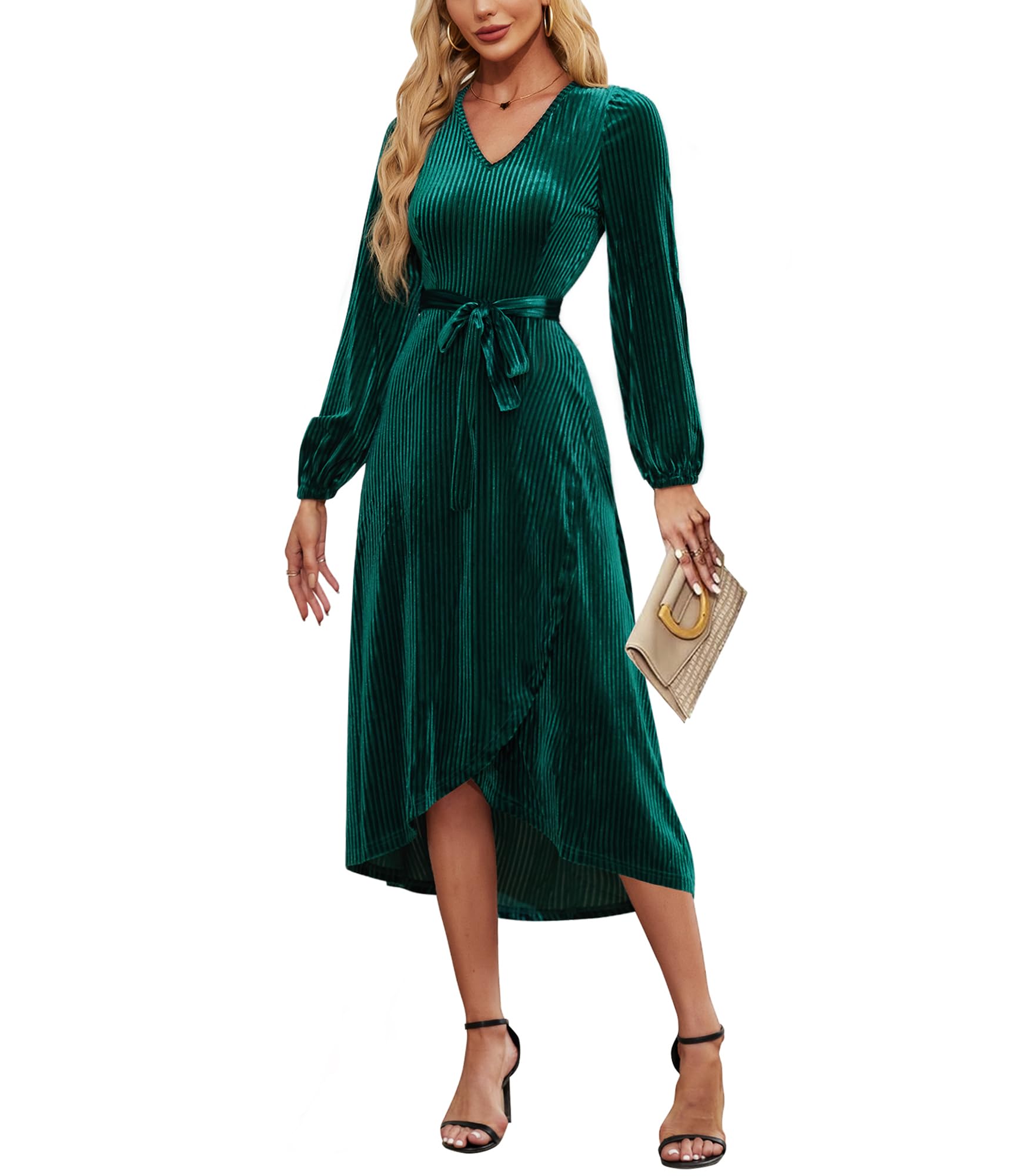 Womens Velvet V Neck Puff Sleeve Dress for Wedding Guest Cocktail Elegant Bodycon Party Midi Dress