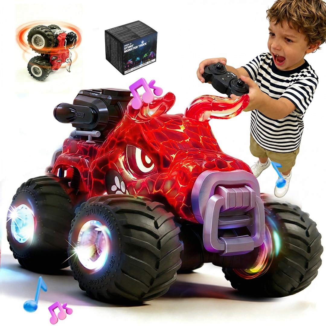 BEZGAR Monster Truck Toys, 1:18 Remote Control Monster Truck with Water Spray & Dancing Spins, 4WD RC Truck for Boys, RC Cars with 2 Batteries, Toys for 6+ Year Old Boys