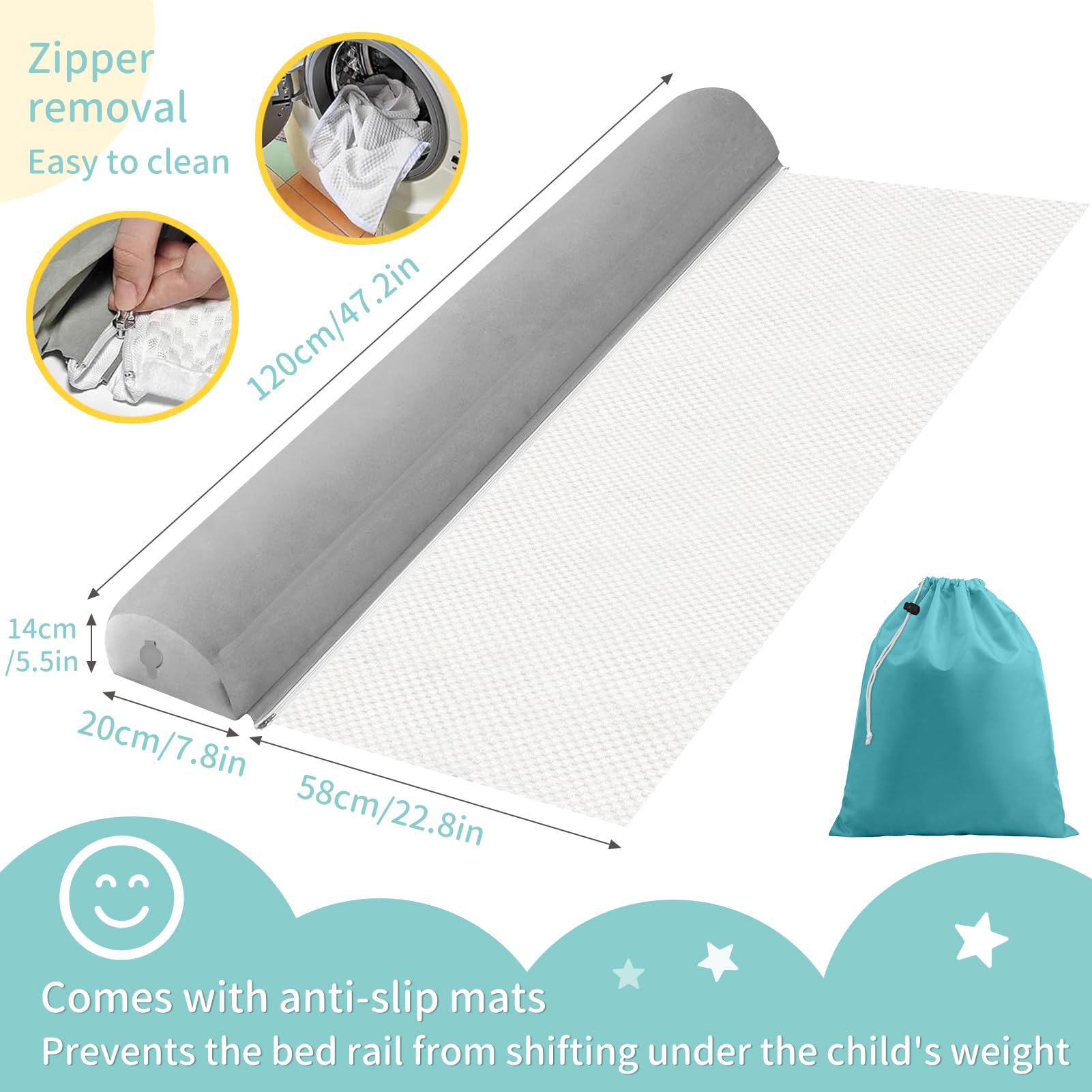 Bettschutzgitter Für Kinder, Aufblasbarer Rausfallschutz Bett Reise, Schutzkissen Bed Bumper mit rutschfeste und Waschbarer Bezug, für Alle Betten Zuhause & auf Reisen(130cm)