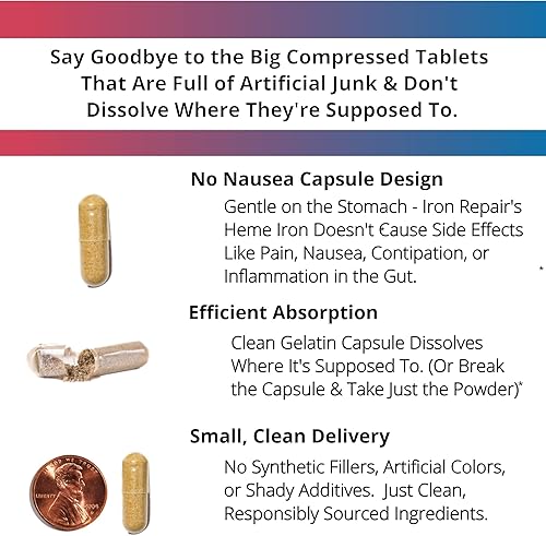 Miniatura 5 de Iron Repair Plus Heme Iron Supplement, la mejor absorción suave en el estómago, Monash Low FODMAP, aumenta la hemoglobina y la ferritina para
