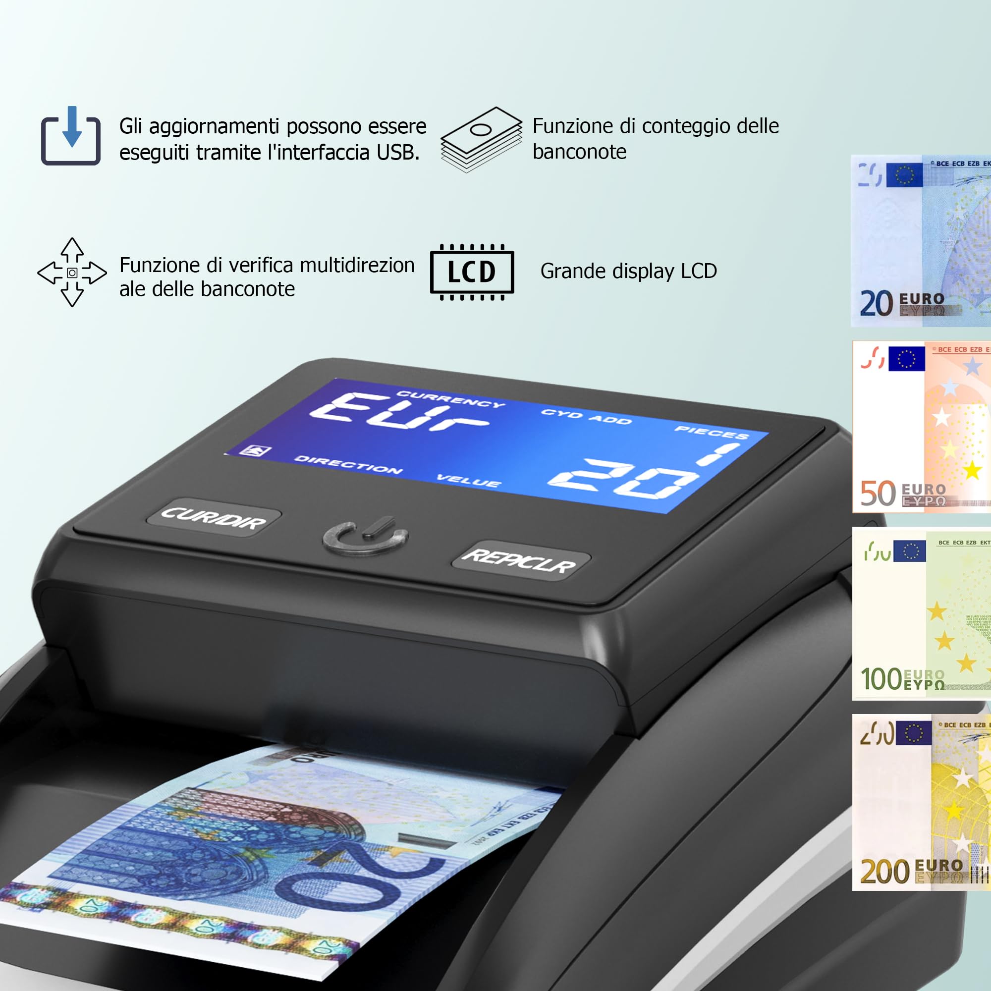 Rilevatore Banconote False e Conta Moneta Euro, con Batteria Ricaricabile per il Contatore di Valuta per la Rileva Banconote False EUR, USD, GBP