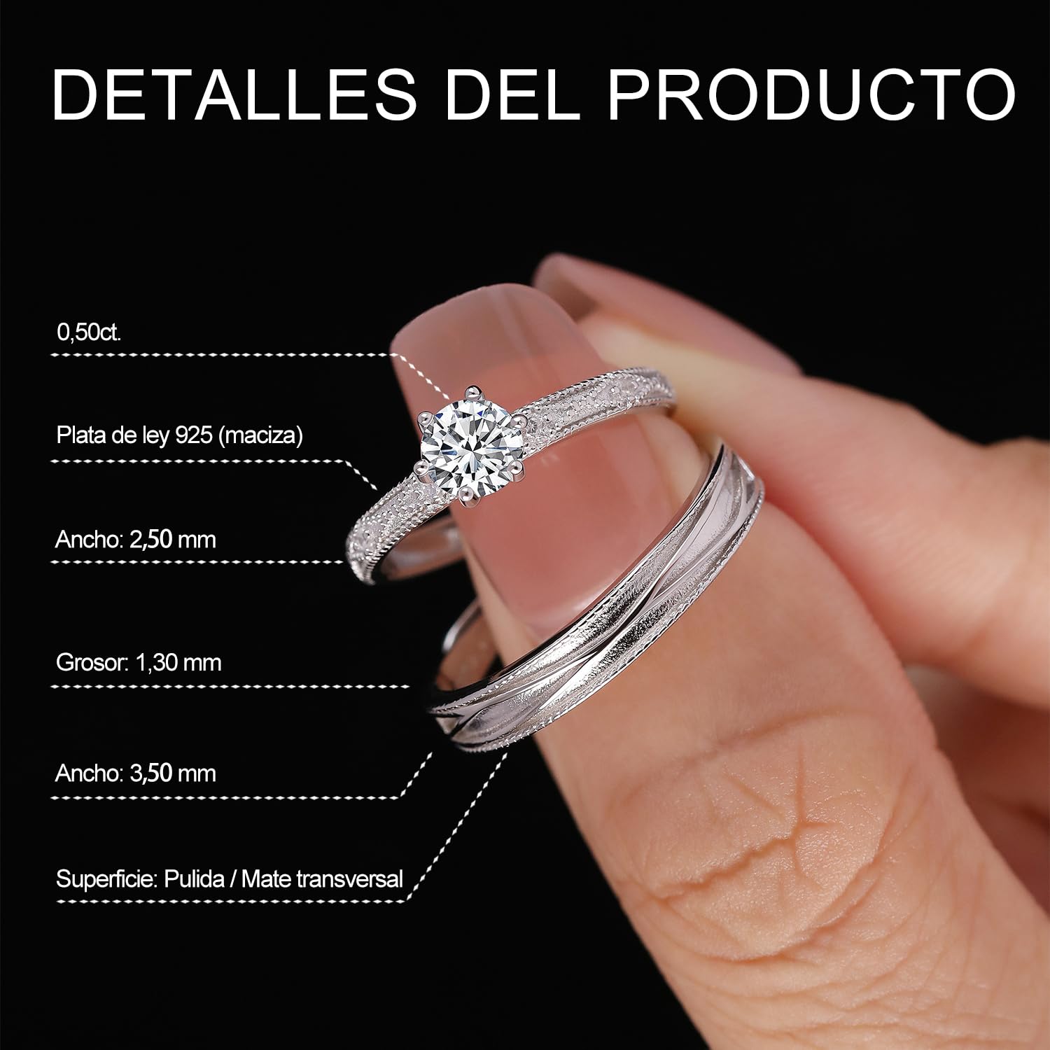 Meissa Anillos Promesa Alianzas de Plata Pareja Solitario Plata de ley 925 Mujer Ajustable Anillo de Compromiso Boda para Pareja Novios Regalo de San Valentín Aniversario (Juego de dos anillos)