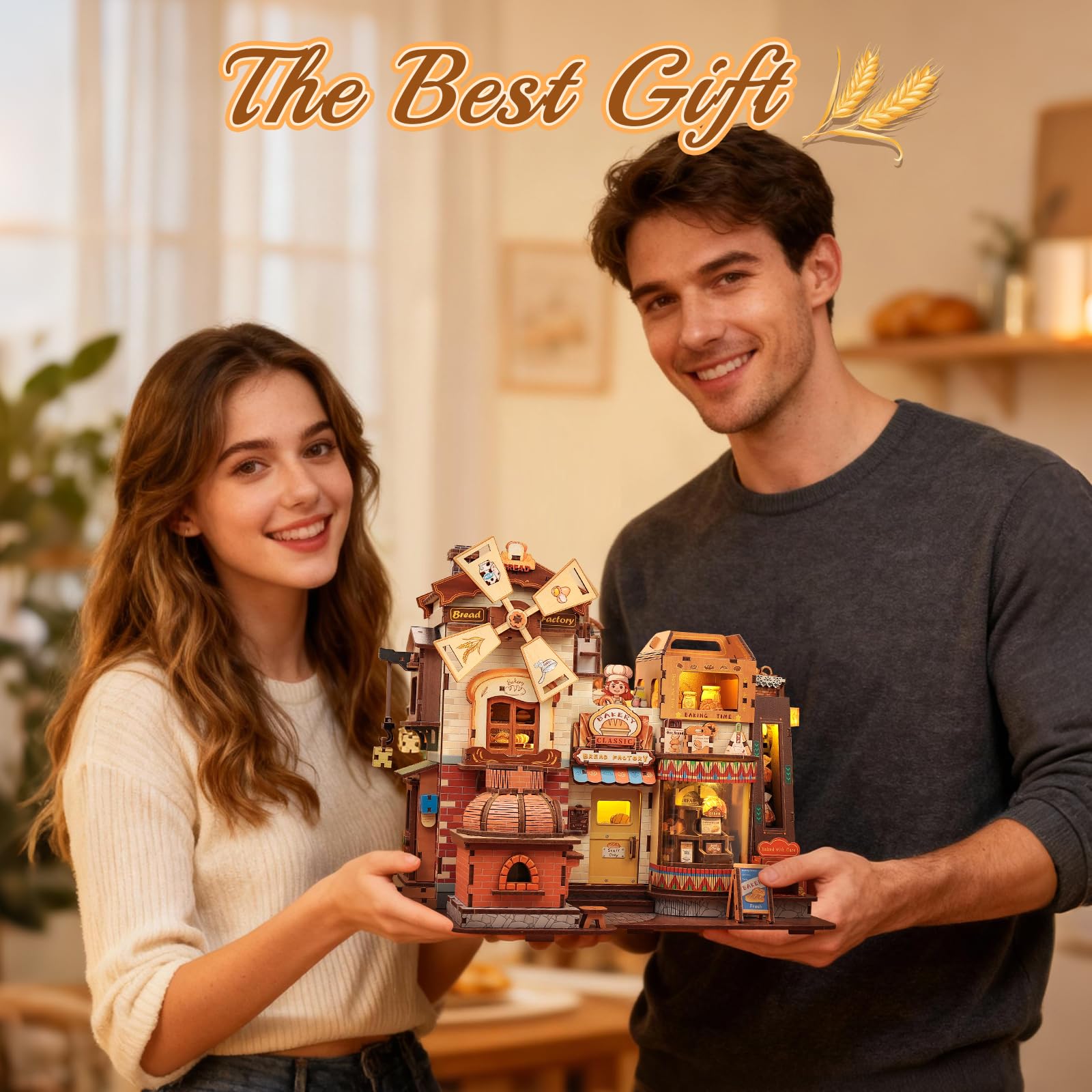Cutefun Drewniane puzzle 3D, zestaw modelarski – 576-częściowy zestaw Book Nook dla dorosłych – model wierny w skali z muzyką, światłem LED – motyw chleba, fabryka prezentów