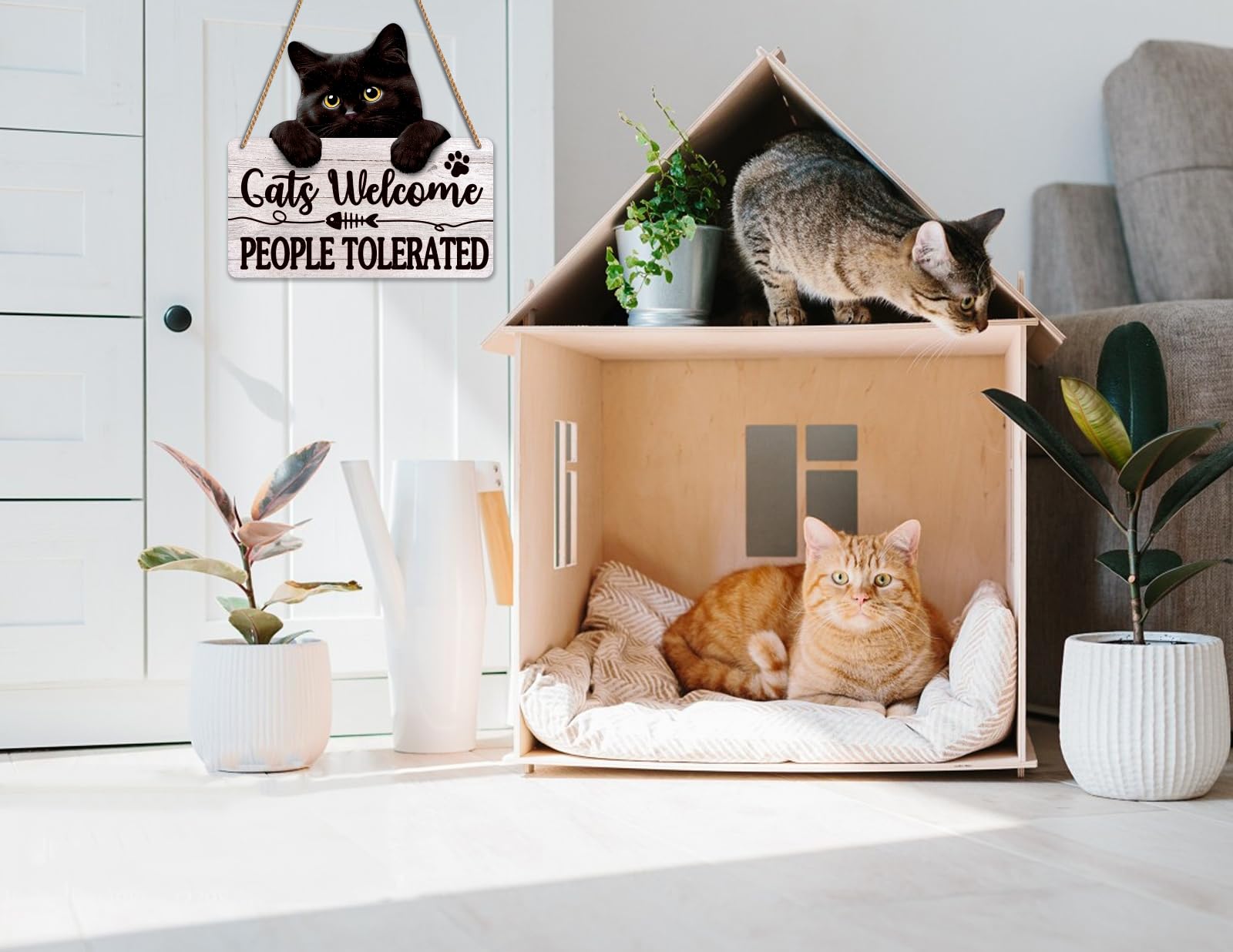 D4DREAM Funny Welcome Sign Cats Welcome People Tolerated Door Sign Black Cat Hanging Wall Sign Cat Gifts for Cat Lovers Funny Cat Plaque for Pet Shop Home Wall Indoor Outdoor Farmhouse Decoration