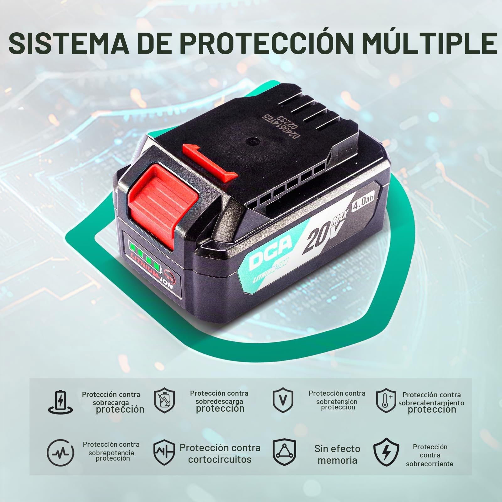 DCA Batería de iones de litio de 20V MAX, paquete de batería de 4,0Ah de alta capacidad, herramienta de batería compacta de 20V, 590g (FFBL2040)