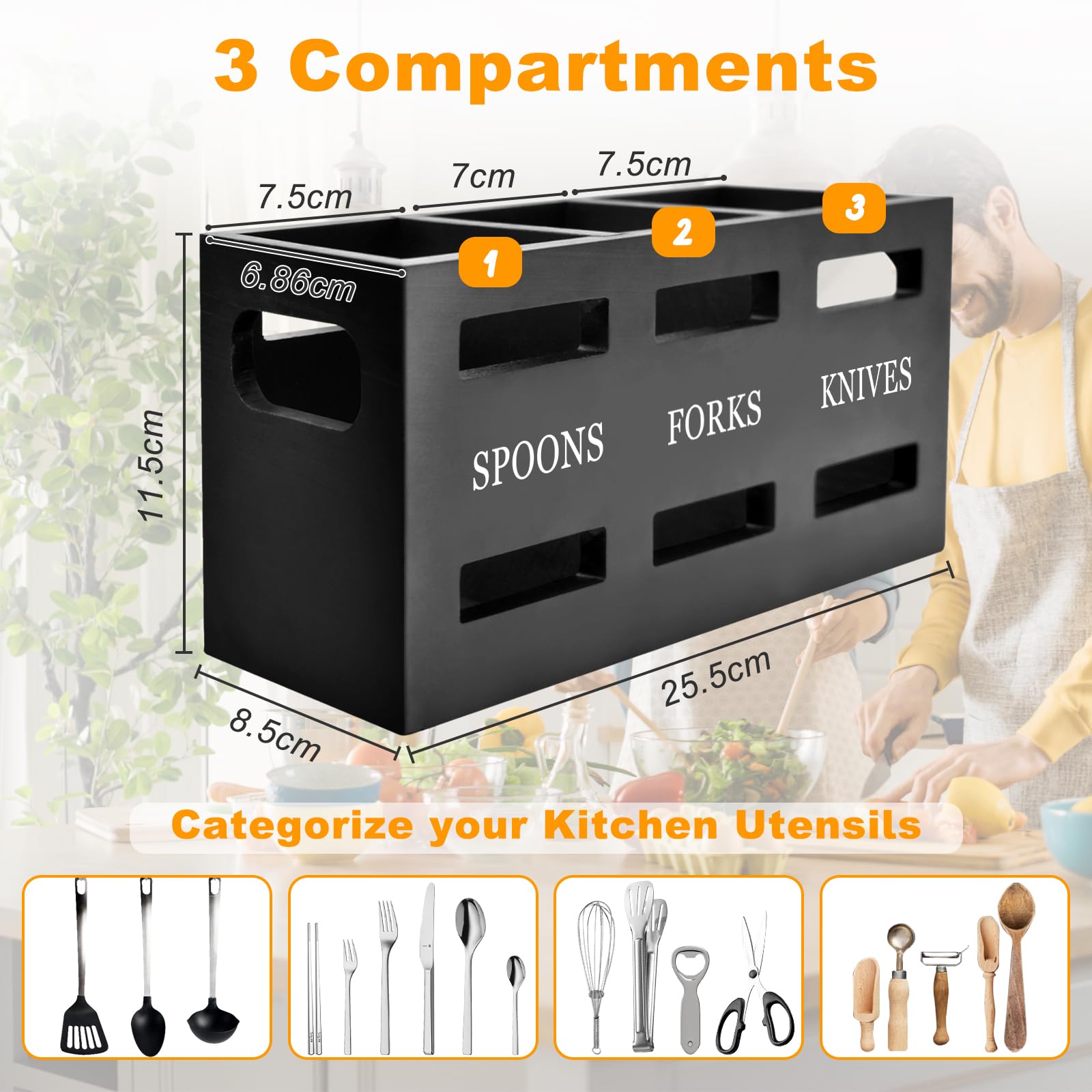 Portautensili da Cucina per Piano di Lavoro, Grande 3 Scomparti Porta Utensili Scolaposate in Legno, Organizer per Utensili Posate da Appoggio (Nero)
