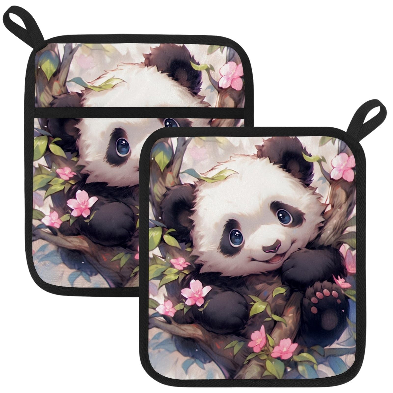 VAPOKF Cute Cartoon Panda Pot Holders with Pocket for Kitchen Heat Resistant Potholders Large Polyester-Cotton Square Oven Mitts Set