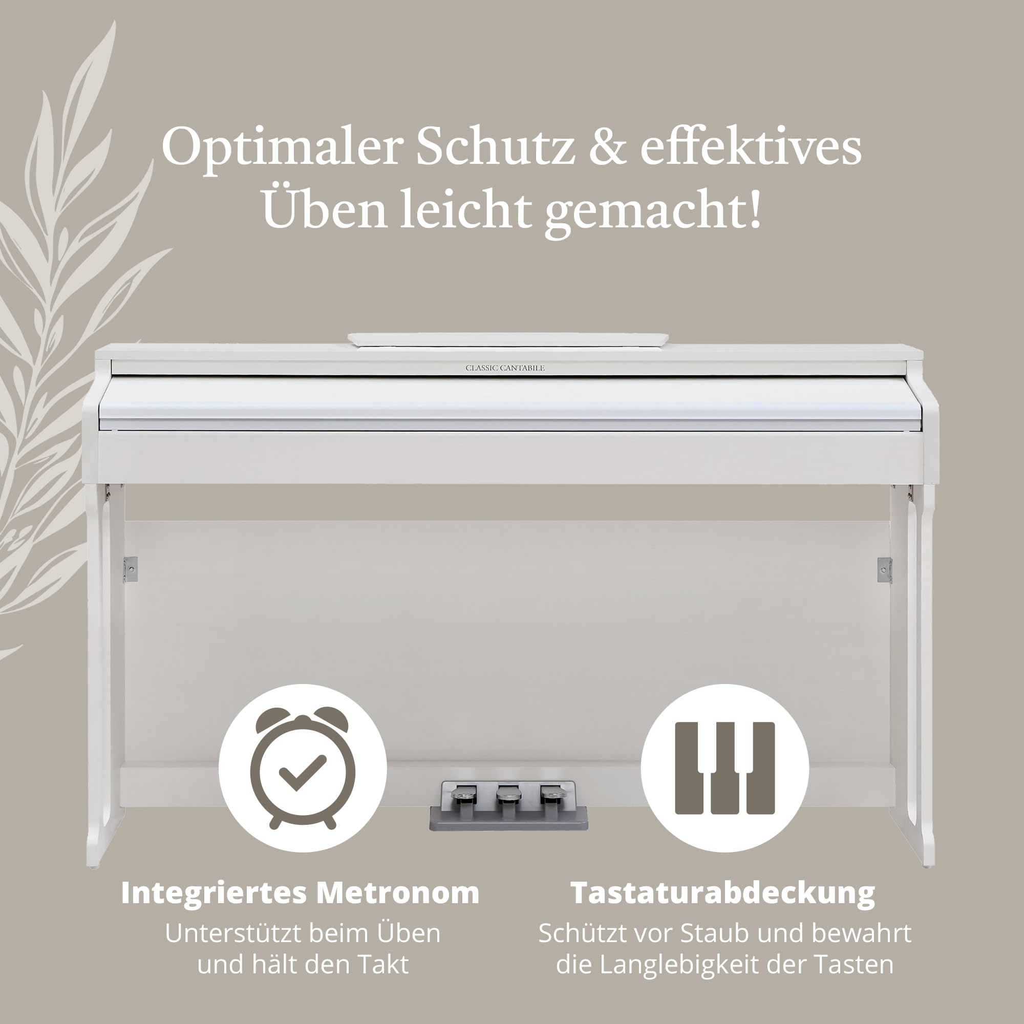 Classic Cantabile DP-220 WM E-Piano Blanco mate Set, Polifonía de 64 notas | 88 teclas ponderadas con mecanismo de martillo, Sensibilidad al tacto ajustable en 5 niveles, 10 canciones demo internas