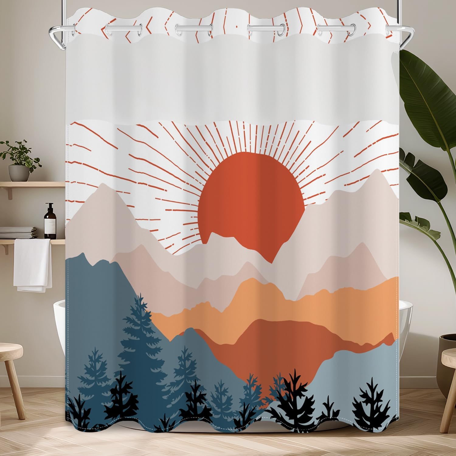 No Hook Shower Curtain with Snap in Fabric Liner Set, Waterproof & Washable, Boho Mid Century Shower Curtains for Bathroom, Abstract Sun Forest Mountain Nature Bathroom Curtain, House Gift, 71x74 inch