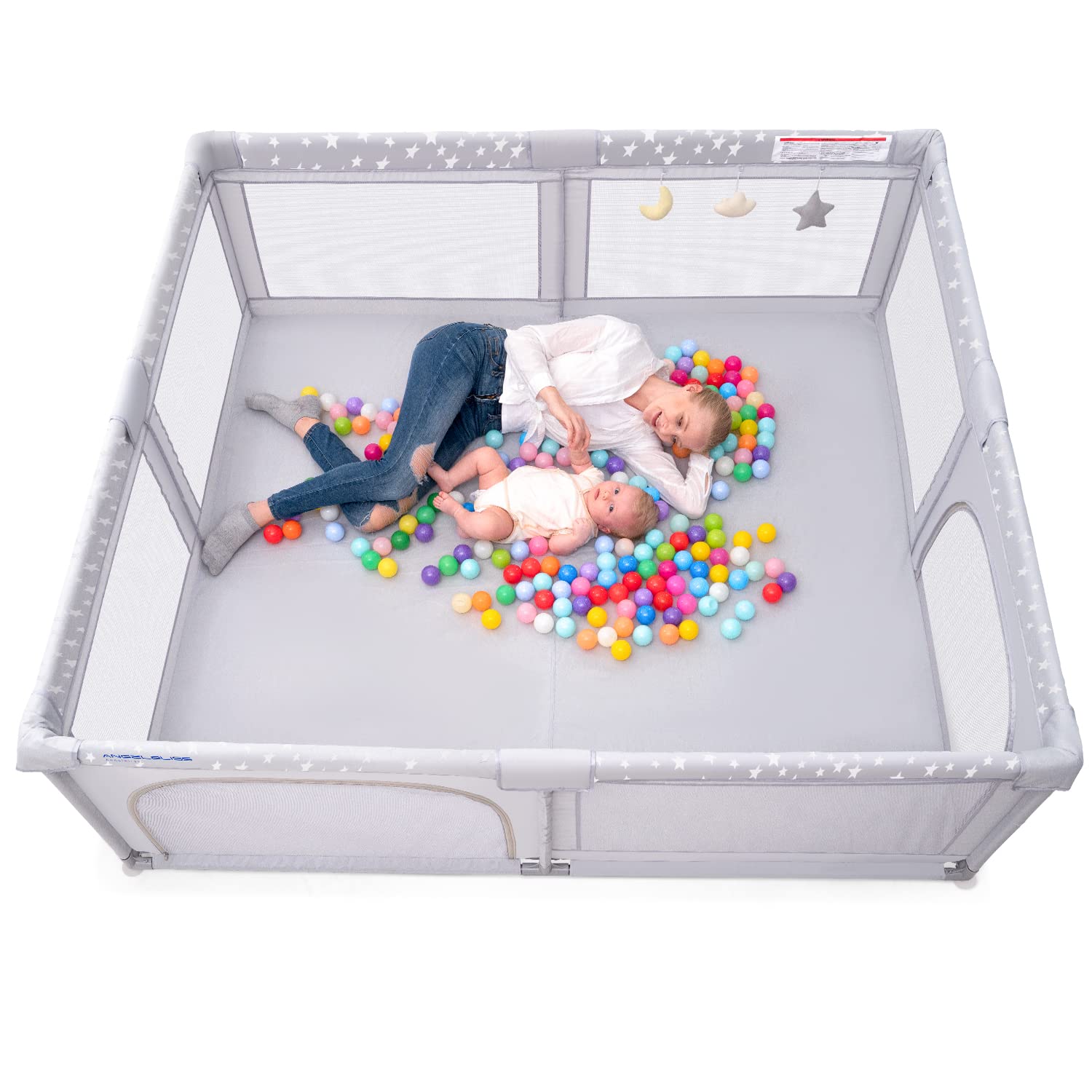 Baby Playpen, ANGELBLISS Playpen for Babies and Toddlers, Extra Large Playard with Gate, Kids Safety Play Pens Portable Play Yard with Star Print (Grey, 79"×71")