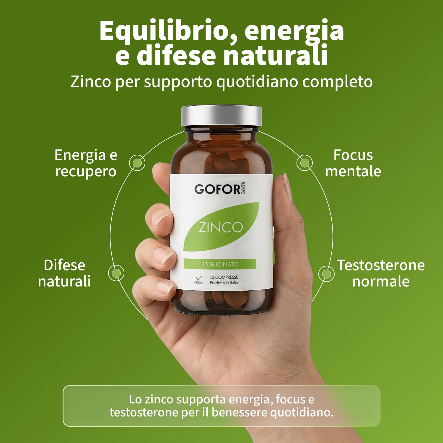 Gofor360 Zinco Bisglicinato Puro — Integratore di Zinco ad Alta Biodisponibilità per Uomo — Supporto a Testosterone, Difese Immunitarie, Funzione Cognitiva e Pelle Sana — 60 Capsule