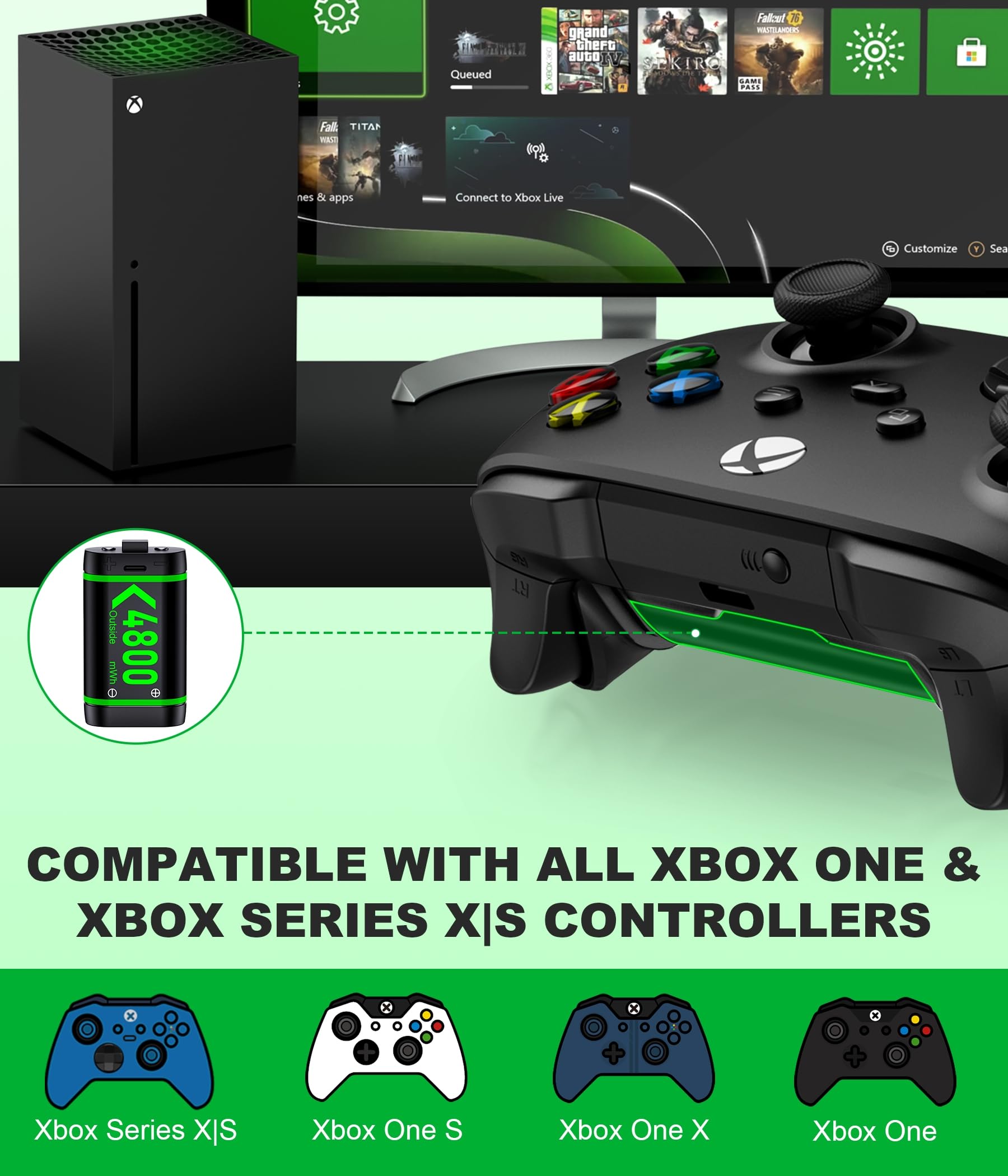 4 X 4800mWh Batteria Xbox Controller, Batteria Controller Xbox Ricaricabile Ricarica Rapida 2,5 Ore con Interfaccia Type-C per Xbox Series X/S/Xbox One/Xbox One S/X/Elite