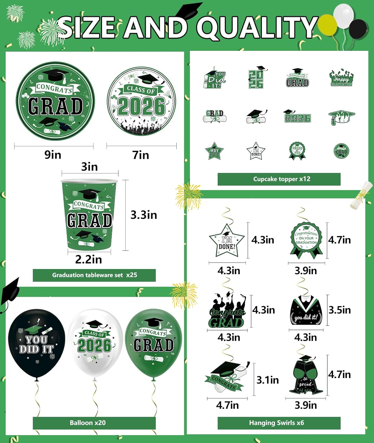 2026 Graduation Decorations Green Black - Class of 2026 Party Decor Kit with Backdrop, Balloons, Banner & Supplies for College/High School Grad (Green Black)