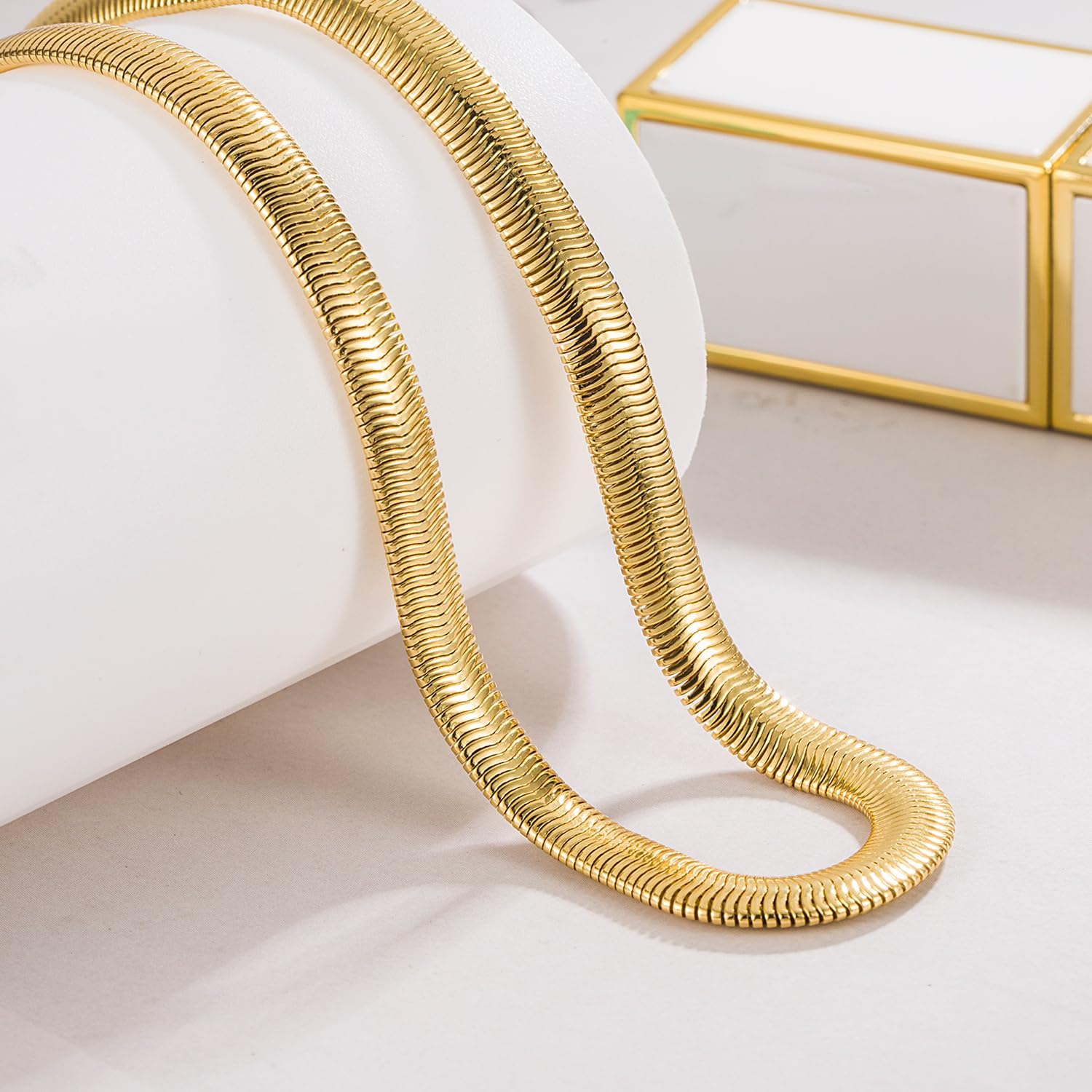 Dankadi Men 925 Sterling Silver Necklace Italian 6MM-8MM Flexible Flat Snake Chain Choker 16-30 Inch 24K Gold plated Fine Jewelry Gifts for Women