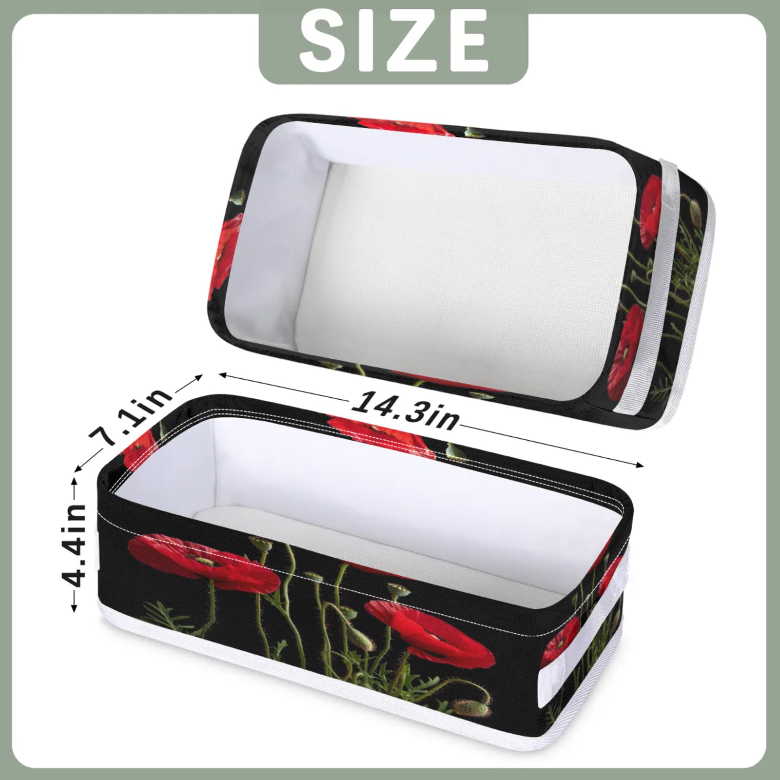 Tablerazzi Toilet Tank Topper Paper Basket with Handle, Poppy Bathroom Storage Basket for Organizing, Red Flower Small Fabric Storage Bins for Bathroom Decor