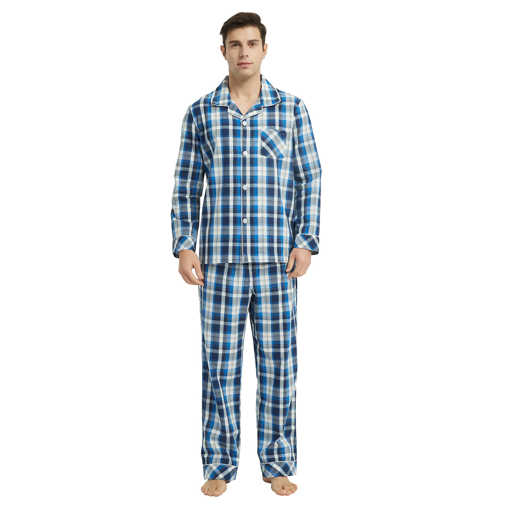 Mens Cotton Pajama Set Short Sleeve, Button Down Pajama Set for Men Plaid Men's Sleepwear