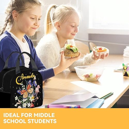 Miniatura 8 de Lonchera personalizada con nombre y mariposa para niñas y mujeres, bolsa de almuerzo aislada reutilizable personalizada con correa para el hombro,