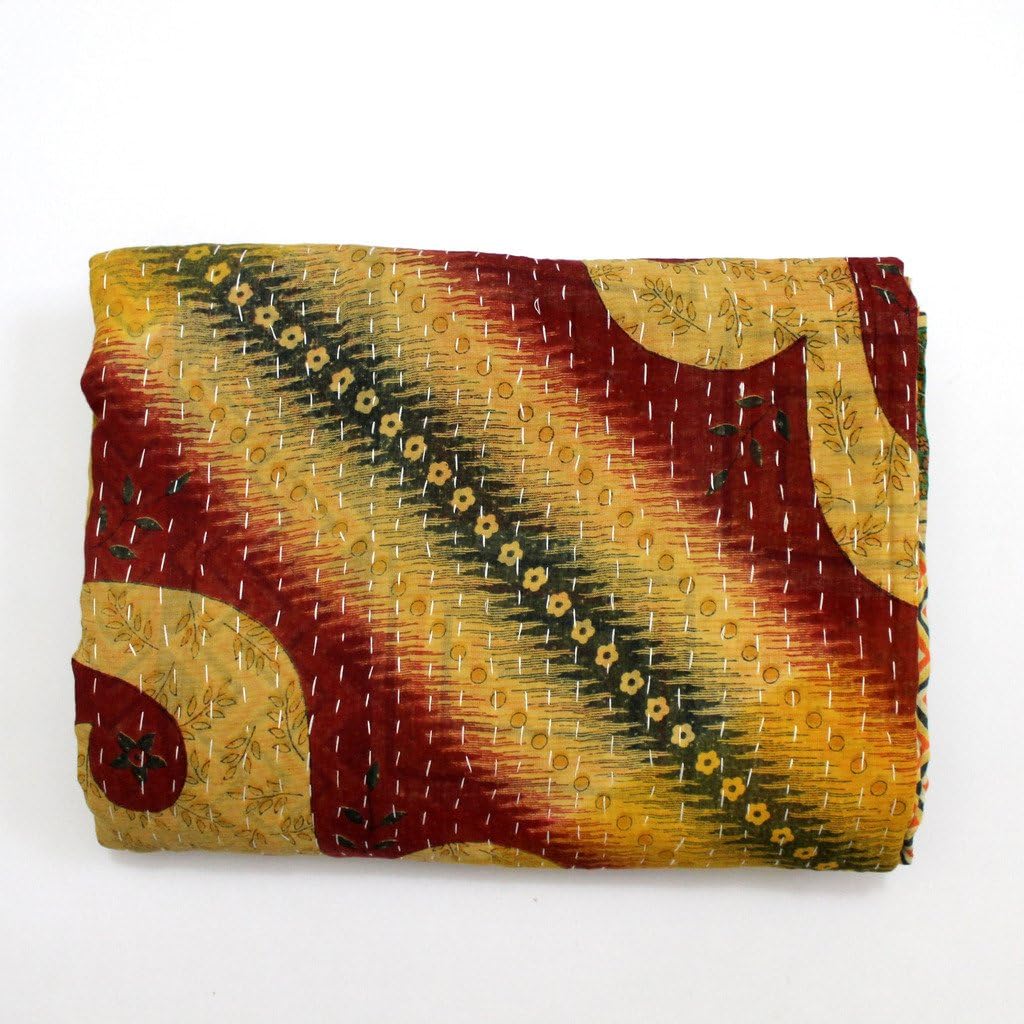 Vintage Throw Kantha Quilt Indian Handmade Bohemian Bedspread Reversible Cotton Ethnic Sari Fabric Embroidered Bedding Blanket Gudari