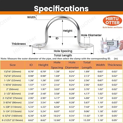 Miniatura 2 de 10 abrazaderas de tubo extra anchas de acero inoxidable 304 de 4-38 pulgadas, clips de conducto con soporte en U de dos agujeros para HVAC,