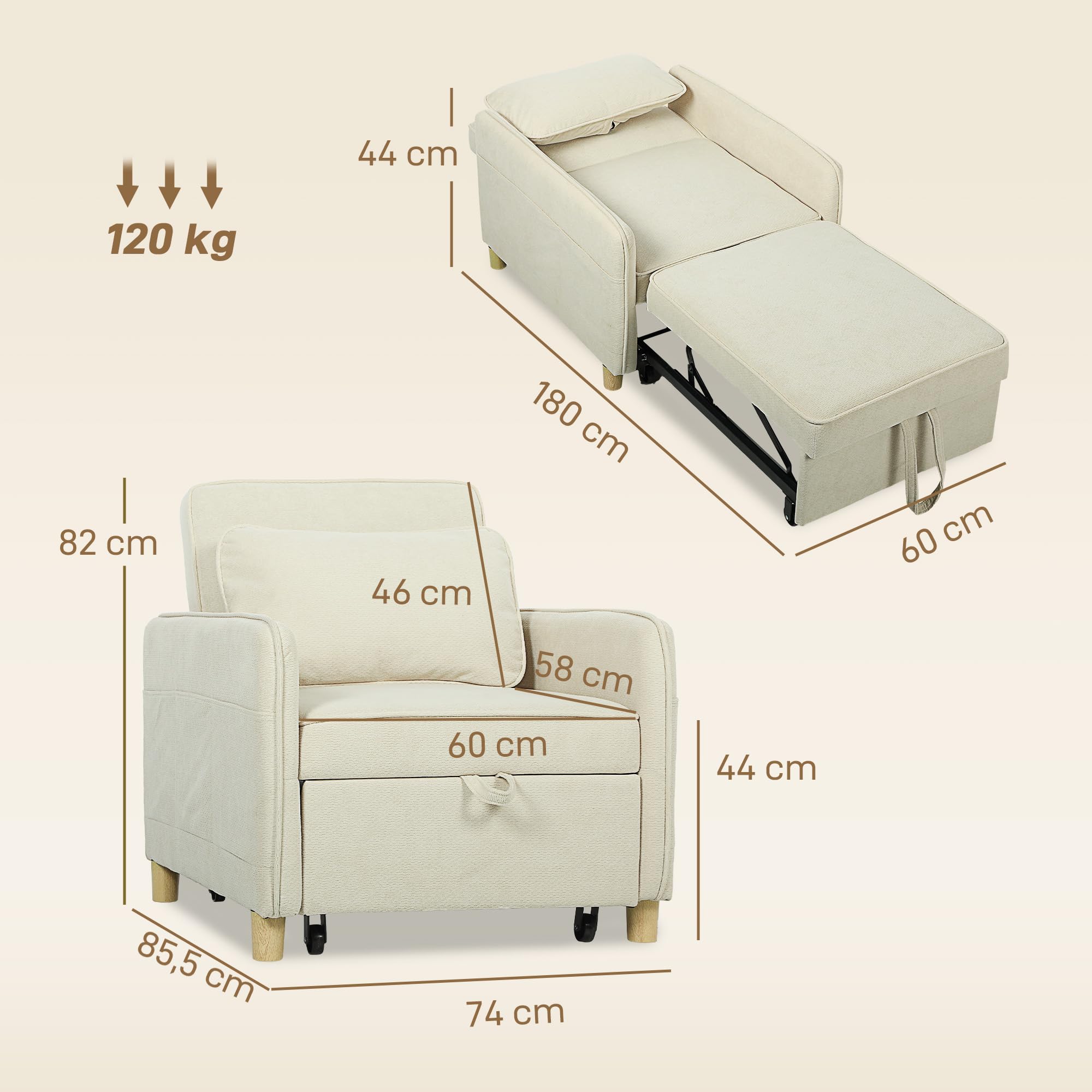 HOMCOM Sofá Cama de 1 Plaza 3 en 1, Sofá Cama Plegable Tapizado en Terciopelo Ecológico con Respaldo Ajustable 3 Niveles, 6 Bolsillos Laterales y Almohada, para Dormitorio, Salón, 74x85,5x82 cm, Beige