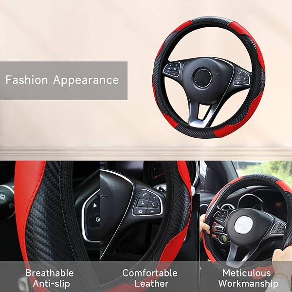 Sporty Red Carbon Fibre Steering Wheel Cover, Universal Stretchable Fit (37-38cm/14.5-15inch) | Genuine Leather Feel, Non-Slip & Breathable | Luxury Car Steering Wheel Protector Cover - 3