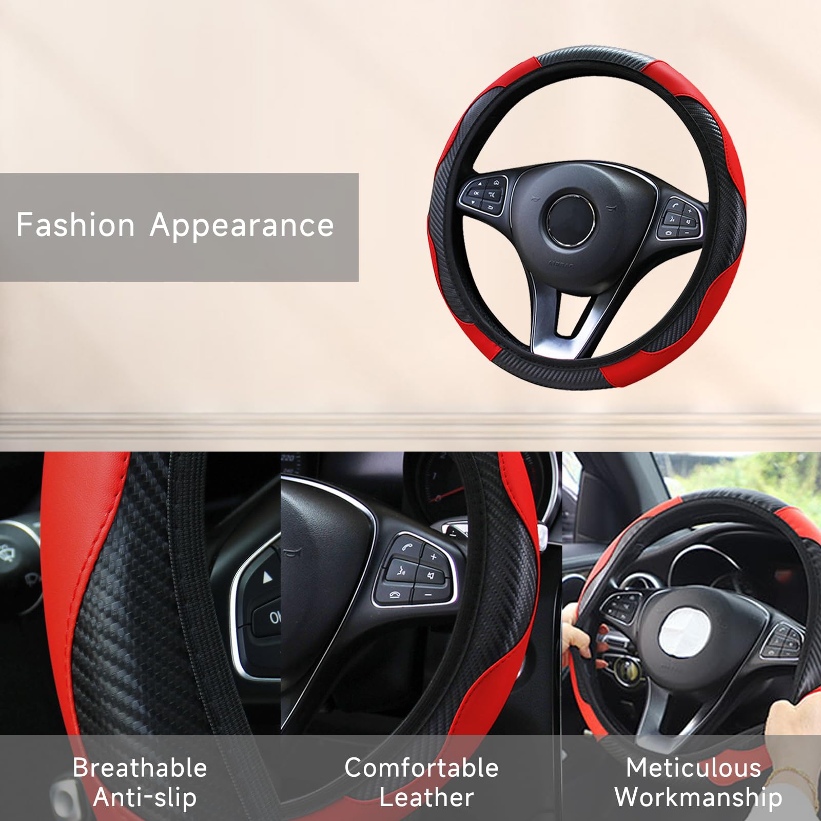 Sporty Red Carbon Fibre Steering Wheel Cover, Universal Stretchable Fit (37-38cm/14.5-15inch) | Genuine Leather Feel, Non-Slip & Breathable | Luxury Car Steering Wheel Protector Cover — view 3