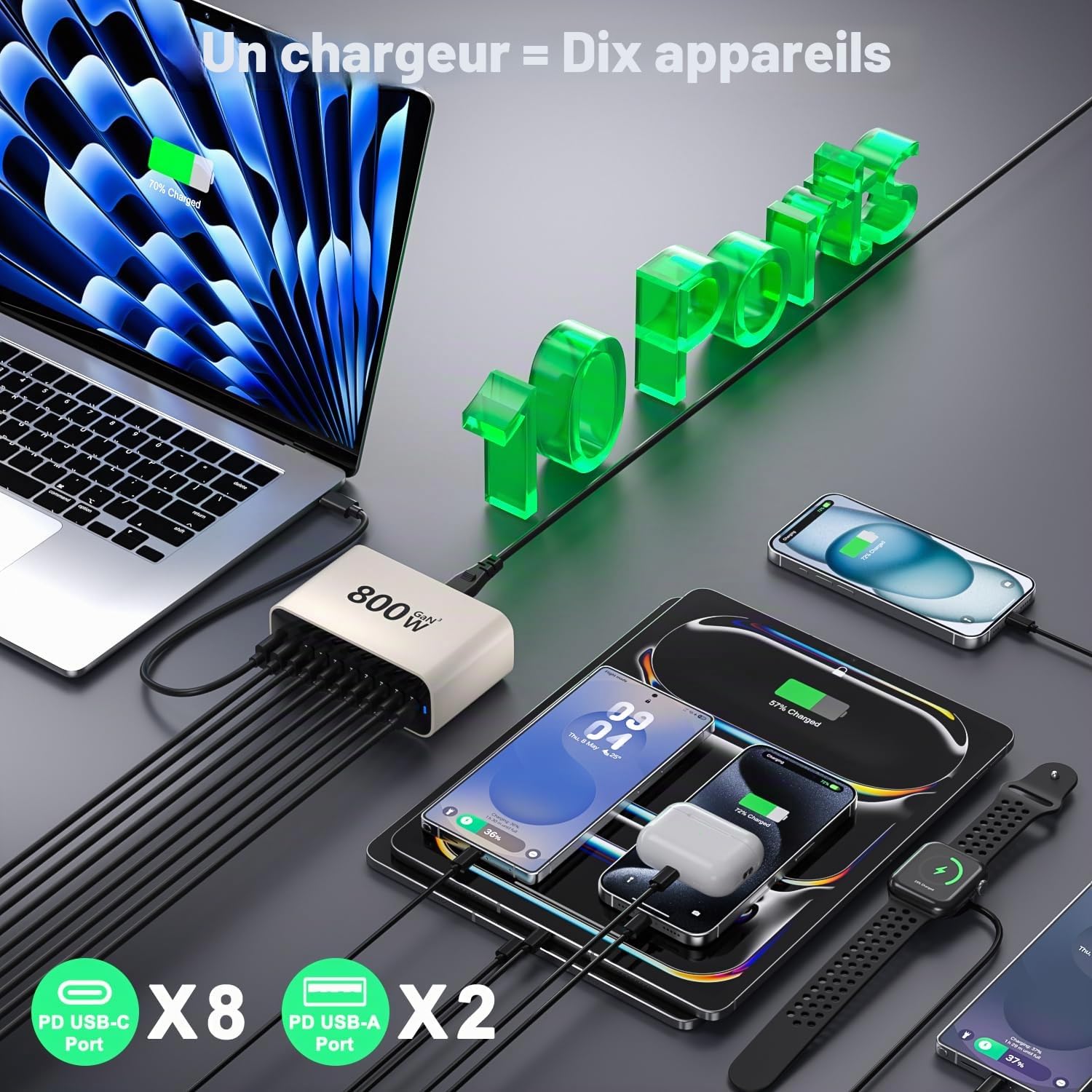 Chargeur USB C 800W GaN,10 Ports USB Chargeur Rapide pour Ordinateur Portable Bloc d'alimentation PD Compatible avec MacBook Pro/Air/Dell/iPhone/Galaxy/Ordinateur Portable/Tablette/Mobile