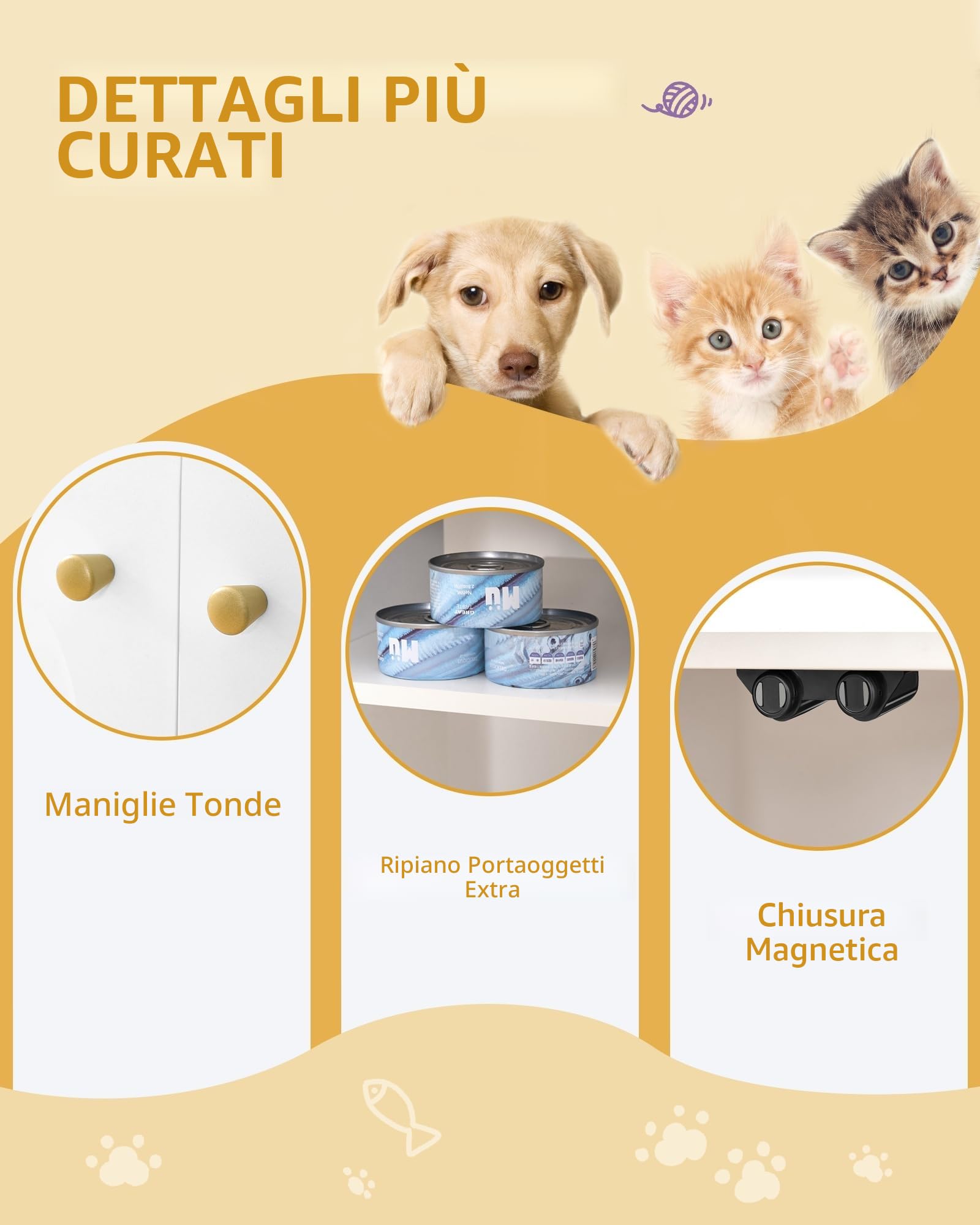 Hzuaneri Mobile Lettiera per Gatti, Mobiletto Lettiera Gatto, Casa per Gatto Multifunzione, Con Porta e Divisorio Separato, Armadietto per Gatti, Facile da Montare, Bianco e Oro 01503GCLB