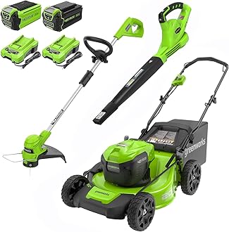 Greenworks 40V 20" Cordless Lawn Mower (Push), Axial Leaf Blower (500 CFM / 120 MPH),12" String Trimmer with 2 Batteries(5Ah+2Ah) and Chargers