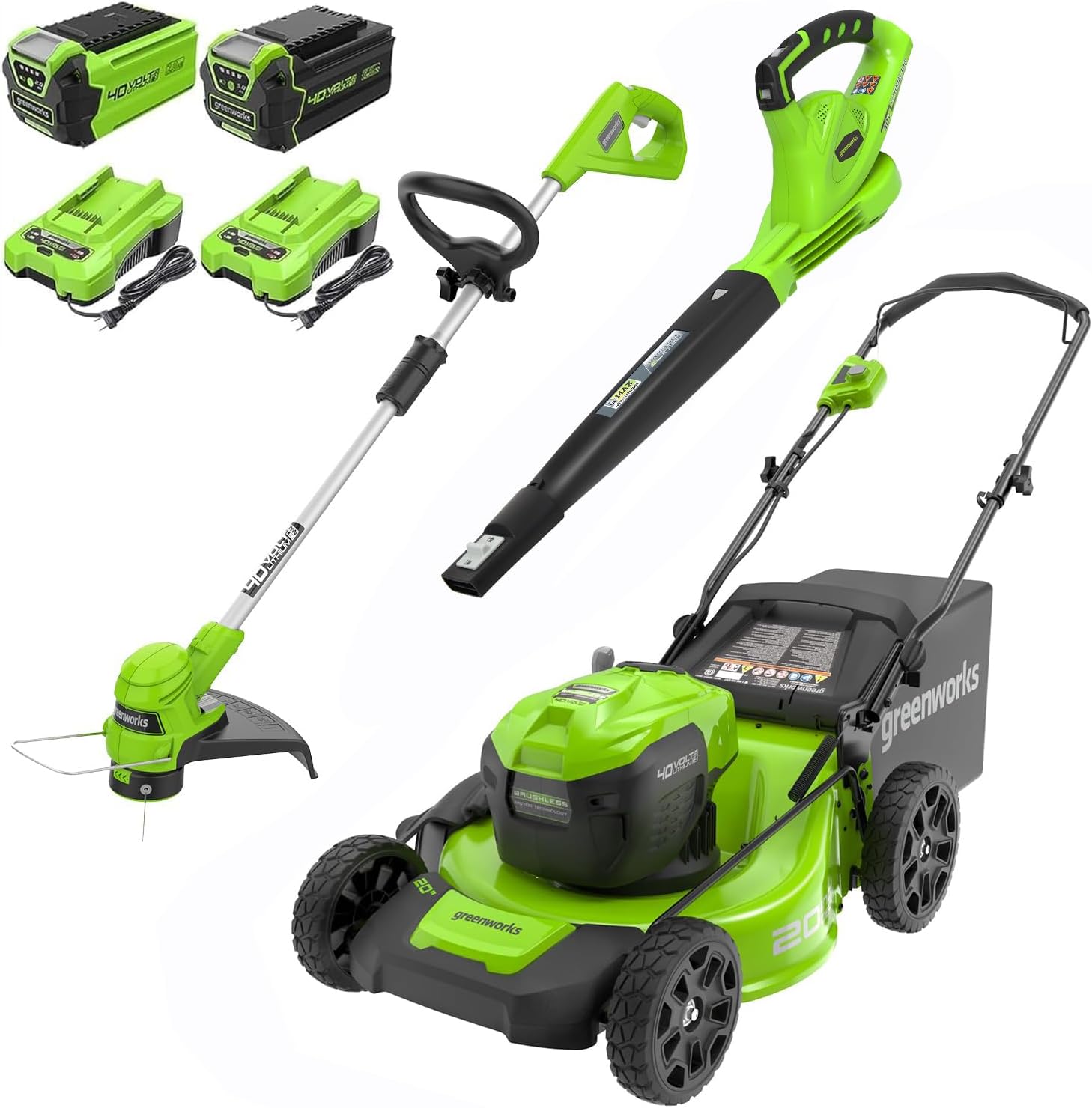 - 40V 20" Cordless Lawn Mower (Push), Axial Leaf Blower (500 CFM / 120 MPH),12" String Trimmer with 2 Batteries(5Ah+2Ah) and Chargers