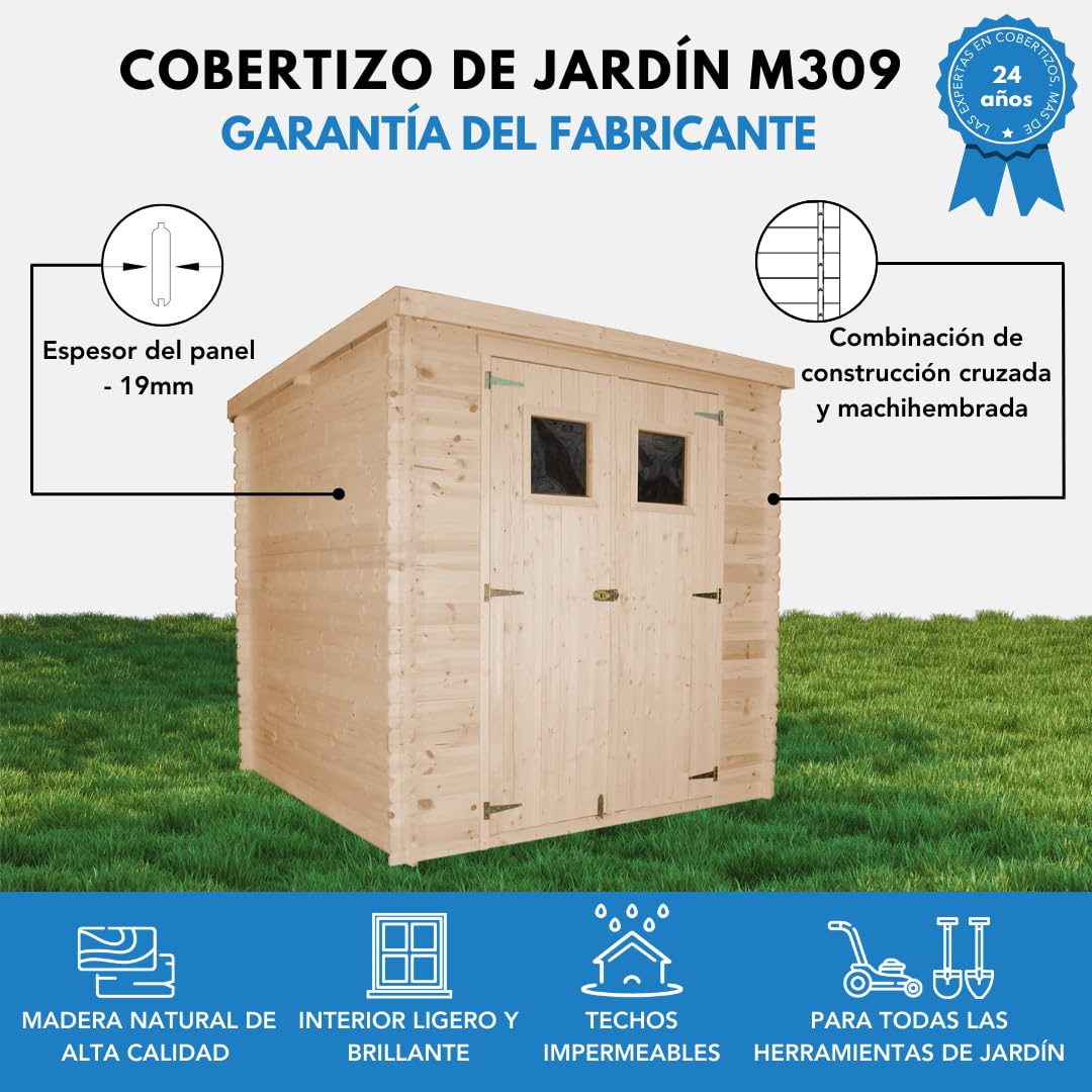 Casa de Almacenamiento jardín con Suelo TRATADO 204x204x200 cm/3.53 m2 - Caseta para Exterior jardín - Cobertizo de Madera pequeño - Techo, Ventanas- TIMBELA M309+M309G