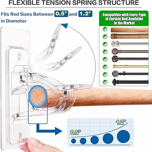 Miniatura 2 de ANDGOO Paquete de 4 soportes de barra de cortina sin taladro, soportes adhesivos para cortineros, ganchos para barra de cortina para barras de 0.5 a