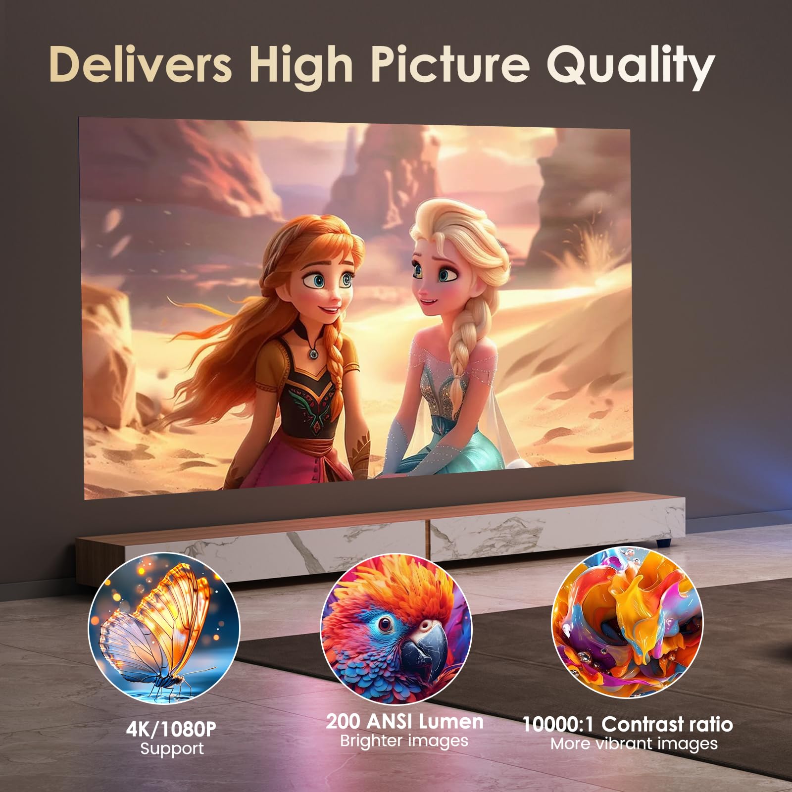 [App integrata] Videoproiettore con WiFi 6 e Bluetooth 5.4 Specchio portatile Mini proiettore supporta 4K 1080P Auto Keystone Rotazione 270° Compatibile con HDMI/TV Stick/Laptop/Memory Stick