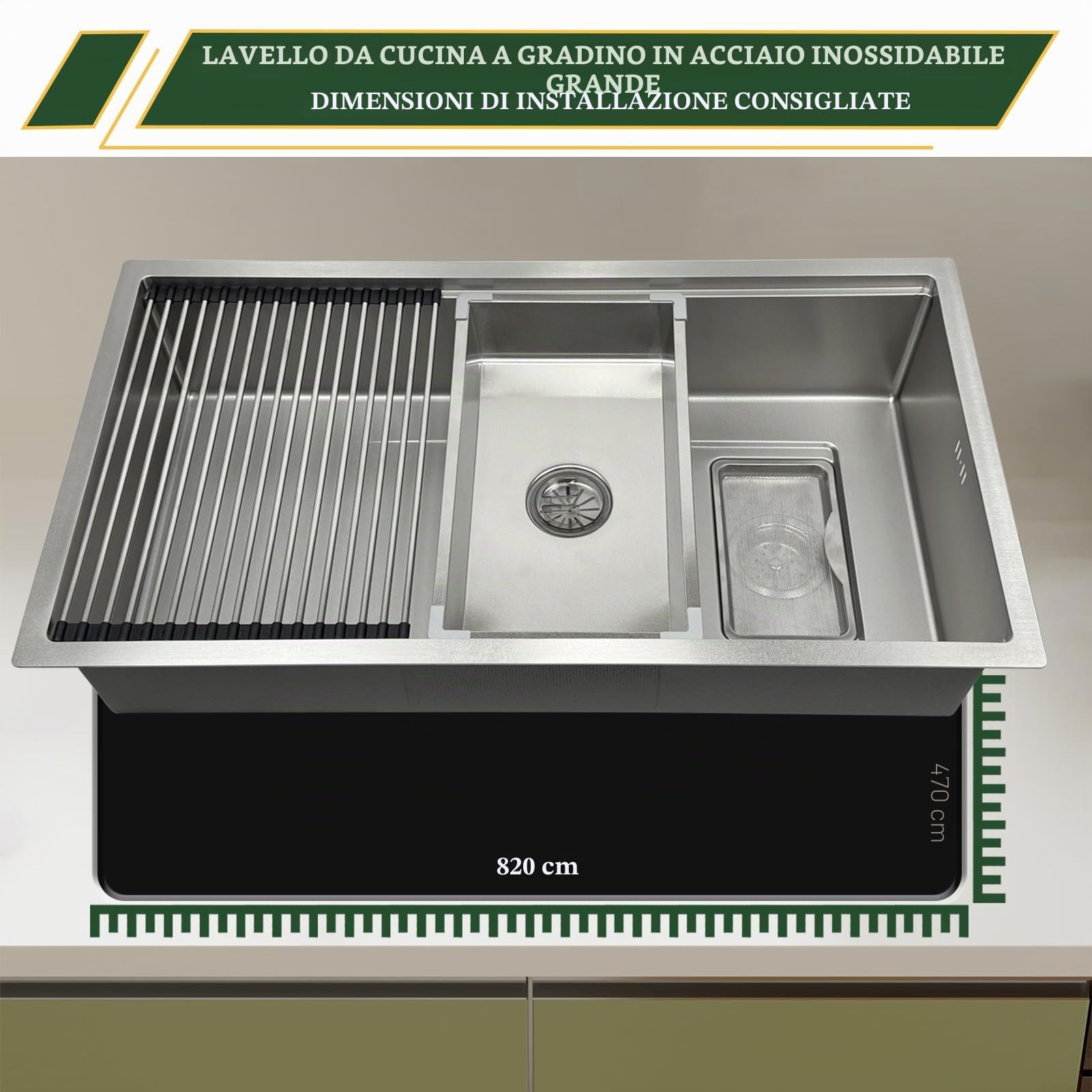 Lavello da cucina rettangolare 90 x 50 cm, in acciaio inox 304, 1 lavandino da incasso, con lavello interno di ricambio e tagliere, lavabo, moderno lavello in acciaio inox con scolapiatti e sifone