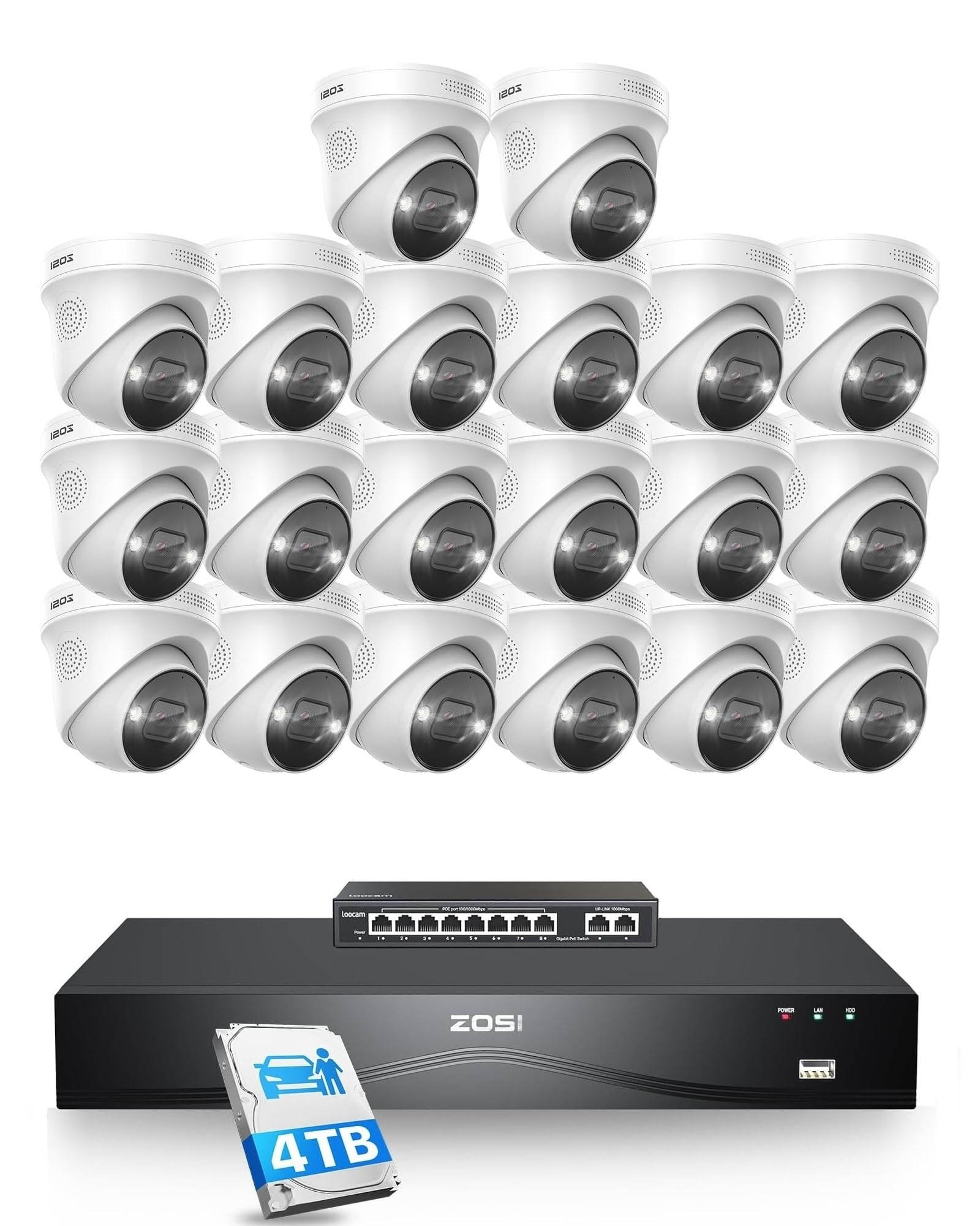 ZOSI 4K Kit Caméra de Surveillance NVR PoE Extensible à 32CH 4TB HDD, 20pcs 8MP Caméra Extérieure et 8 Ports PoE Switch Commutateur, Détection de Personne/Véhicule, Audio Bidirectionnelle