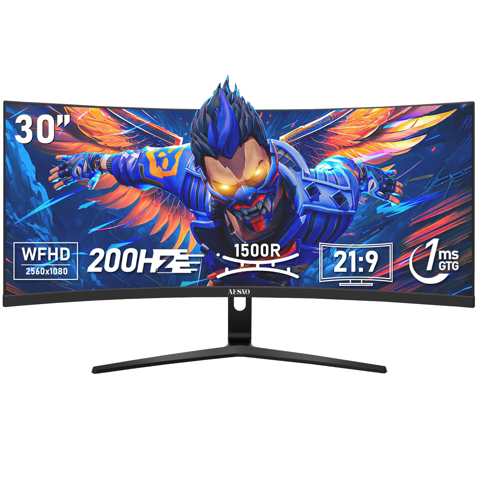 AESNO 30 Inch Monitor WFHD 200Hz Ultrawide 21:9 Gaming Monitor Curved 1500R 2K Computer Monitors 2560×1080 Display Screen with FreeSync 1ms(GTG) 100% sRGB for Home Office Gaming Ues (Black) 30-INCH-WFHD-200Hz