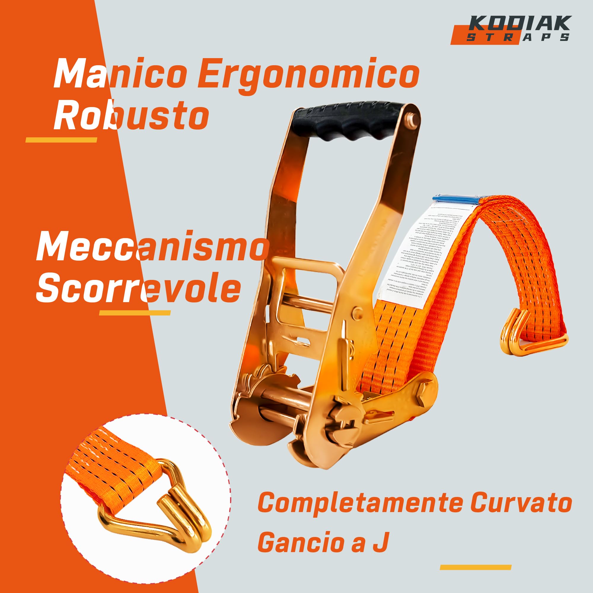 4 Cinghie di Tensione 8m x 4000kg con Cricchetto e Ganci - Cinghie a Cricchetto da 50mm - Cinghia Arancione per la Sicurezza del Carico - Certificato TÜV/GS e secondo DIN EN 12195-2 - KODIAK STRAPS