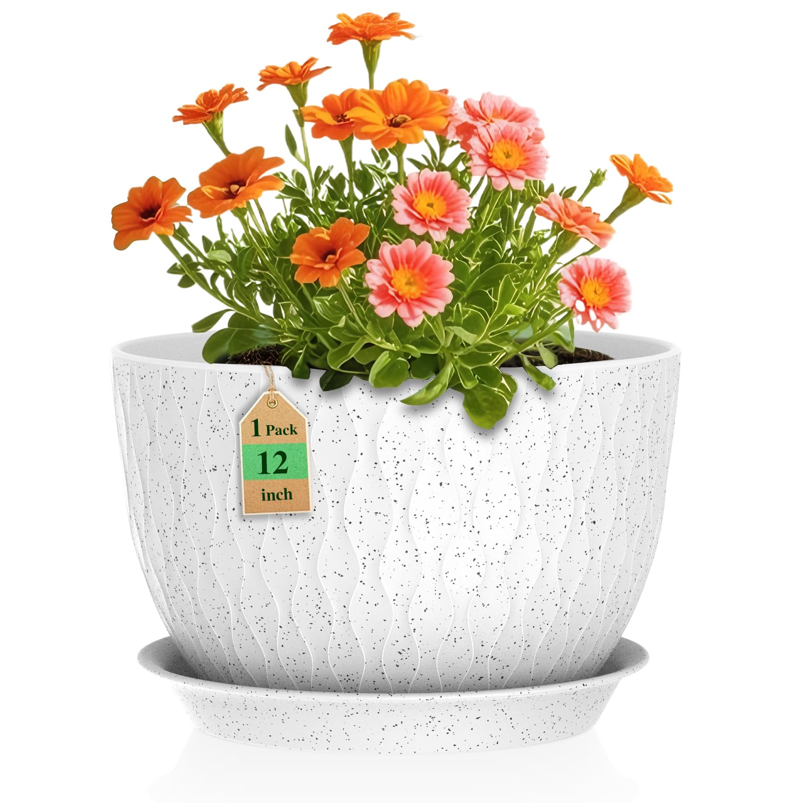 WSMKSZ 12 Inch Wide Water Ripples Flower Pots for Indoor or Outdoor Plants, Large Plant Pots with Drainage Holes & Saucer, Plastic Planters Set for