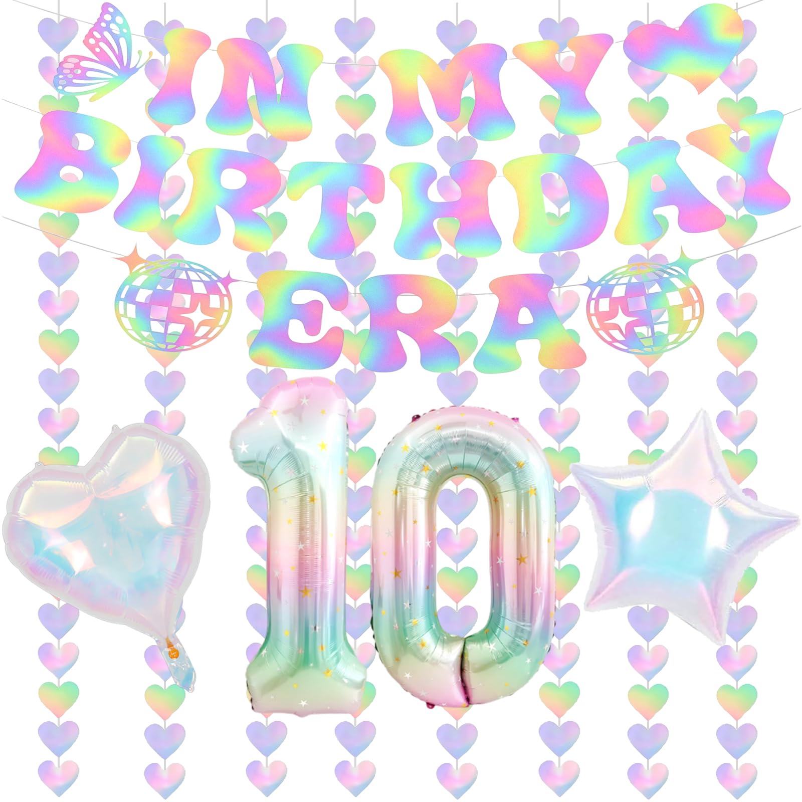 10th Birthday Decorations Girl, 10th Birthday Decorations Party Set, 10th Birthday Decorations for Girls with Balloons and Banner, 10th Birthday Party Supplies with 18 Inch Round and Heart Shapes