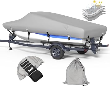 5-ply 1200D Boat Cover with Storage Bag & Widened Straps for Trailering & Mooring Fits 14-16ft Bass Boat, V-Hull, Tri-Hull Runabout Pro-Style Fishing Boat - Waterproof Anti-uv and Breathable