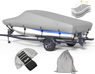 5-ply 1200D Boat Cover with Storage Bag & Widened Straps for Trailering & Mooring Fits 14-16ft Bass Boat, V-Hull, Tri-Hull Runabout Pro-Style Fishing Boat - Waterproof Anti-uv and Breathable