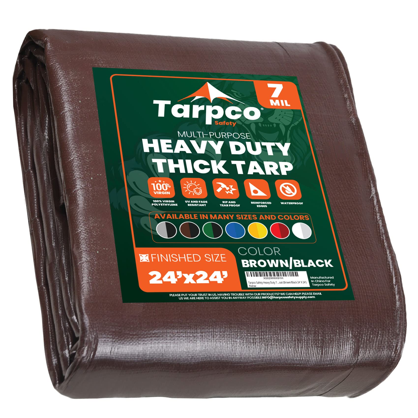 Heavy Duty 7 Mil Tarp Cover, Waterproof, UV Resistant, Rip and Tear Proof, Poly Tarpaulin with Reinforced Edges for Roof, Camping, Patio, Pool Cover, Boat (Brown/Black 24′ X 24′)