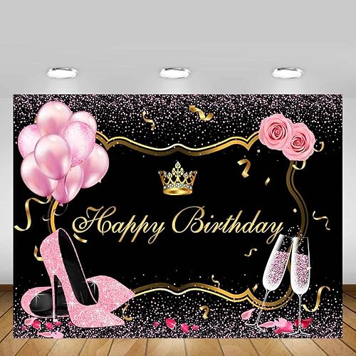 Miniatura 4 de MEHOFOND Fondo de fotos rosa y dorado negro, accesorios de fondo de fotos con purpurina de tacón alto, globos de champán, flores de rosa, corona,