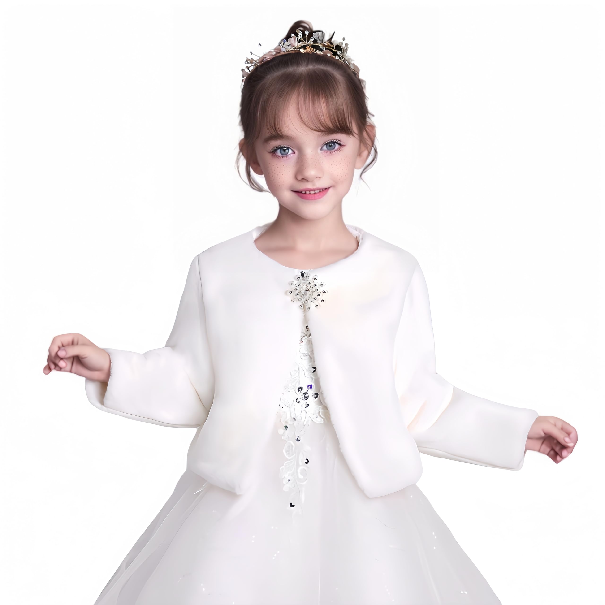 Proumhang Bolero Shrug pour Enfants Veste en Fausse Fourrure Blanche Manteau Shawl Tippet Cape d'hiver Chaude Vêtements de Mariage pour Fille Fleurie Cardigan Outwear