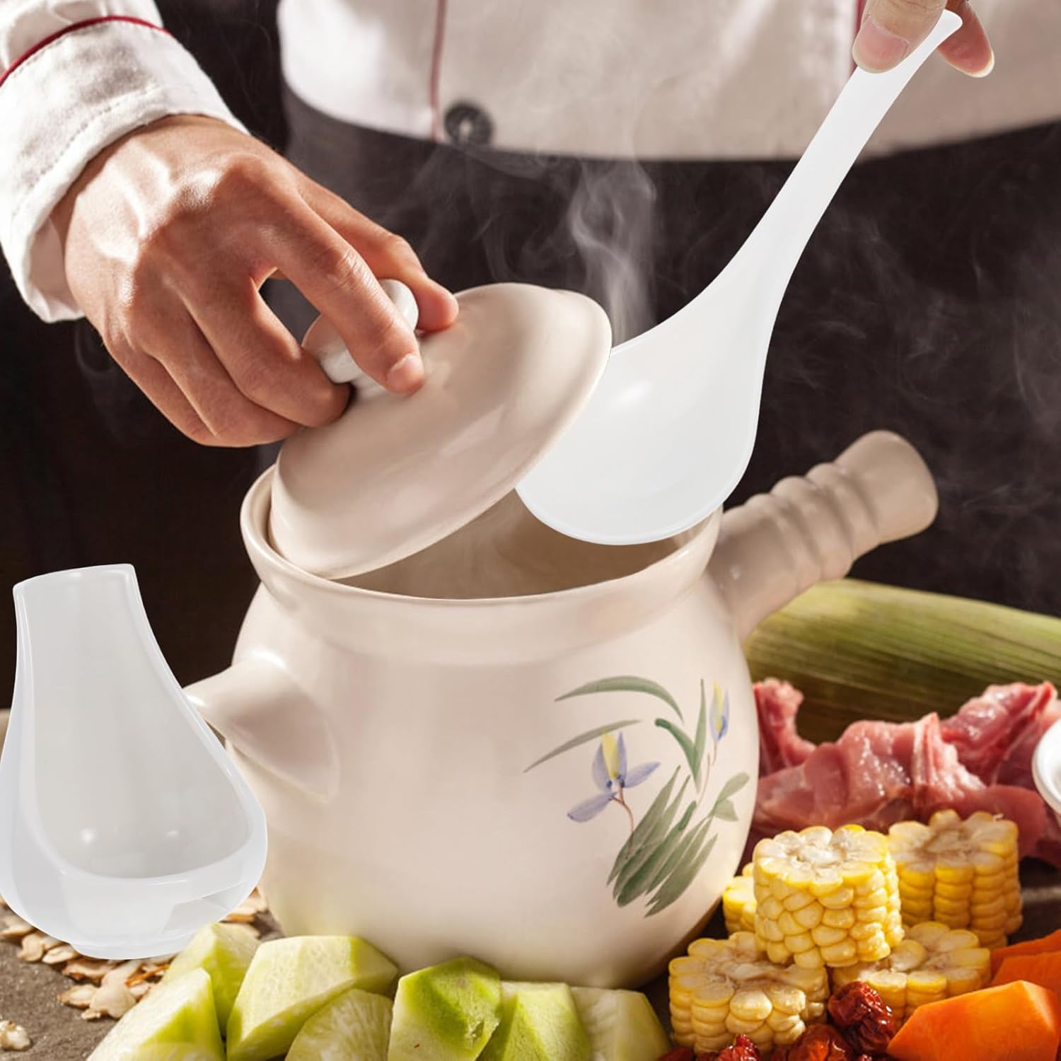 Luxshiny Large Ceramic Soup Spoon with Spoon Rest 8.85 Inch Utensil Holder for Serving Rice Porridge and Soups in Family Dining and Catering