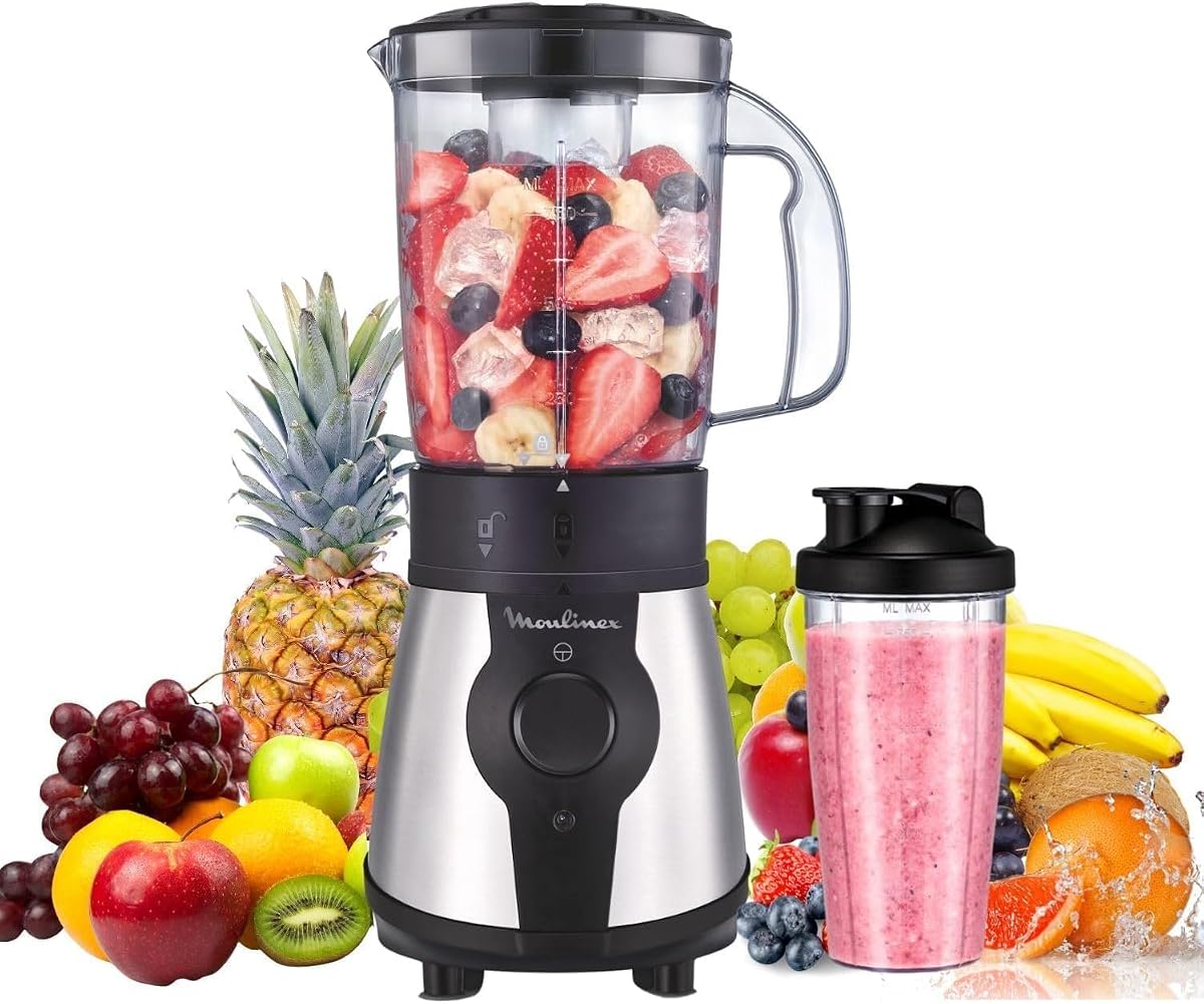 Moulinex Blend & Go, 300 W Blender, 1.3 L Jug, Compact, 4 Removable Blades, Stainless Steel Finish, Dishwasher Safe Parts, 750 ml Plastic Bottle, LM1B1D10