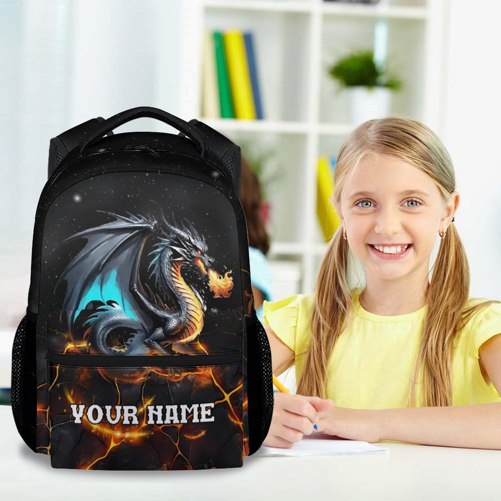 PUREGIFTS Custom Dragon Backpacks for Kids Boys, 17 Inch Cool Backpack for Primary School, Black Lightweight Durable Bookbag for Student