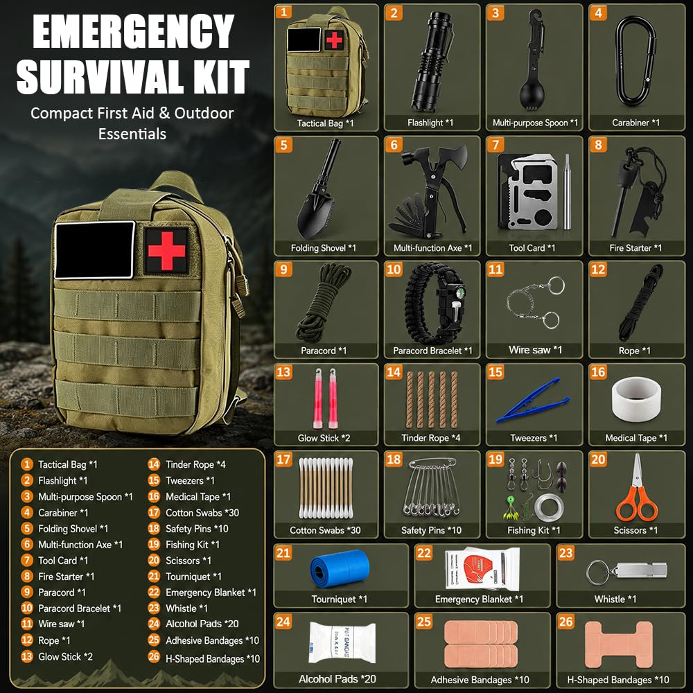 Kit de supervivencia de emergencia al aire libre con kit de primeros auxilios, 66 unidades de equipo de supervivencia al aire libre con multiherramienta, pala plegable, manta de rescate, kit de