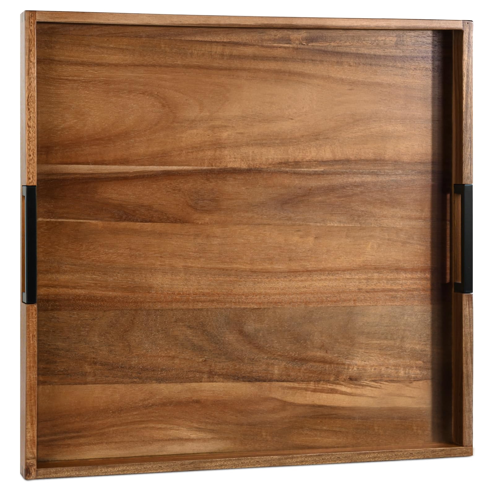 Large Square Ottoman Tray for Living Room and Coffee Table 22 Inch Decorative Acacia Wood Serving Tray with Handles for Breakfast in Bed, Dinner Food Kitchen TV (Natural, 22" x 22" x 2")